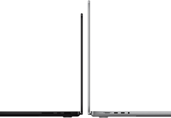 MacBook Pro مقاس 14 بوصة و16 بوصة متجاوران، يظهران الفرق في الحجم ويبرزان الملف الضيق